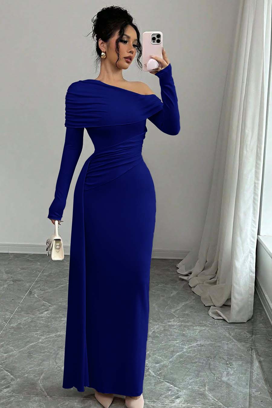 Off the Shoulder Long Sleeves Long Mermaid Evening Formal Dress With Ruffled
