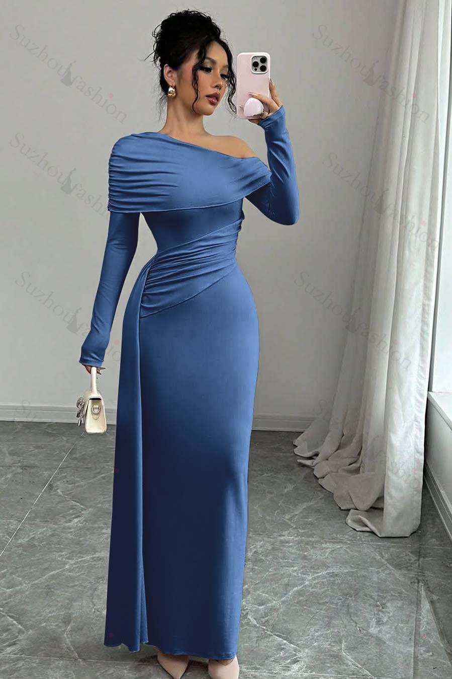 Off the Shoulder Long Sleeves Long Mermaid Evening Formal Dress With Ruffled