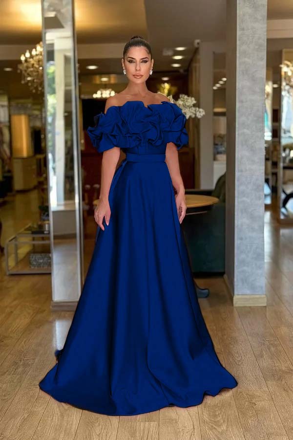 Off the Shoulder Sleeveless A Line Long Evening Formal Dress With Pleated