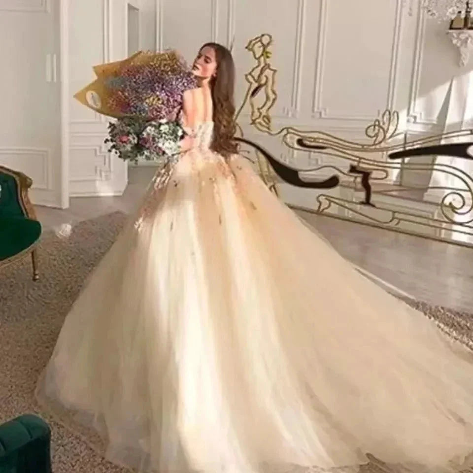 Off the Shoulder Sweetheart Tulle Long Evening Gowns 3D Flowers Appliques Formal Party Dresses Princess Ball Gown Prom Dresses (ZD14020)