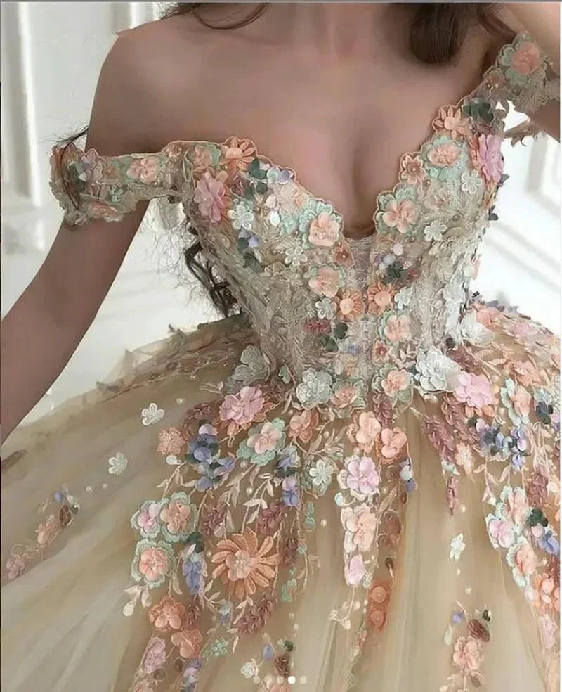 Off the Shoulder Sweetheart Tulle Long Evening Gowns 3D Flowers Appliques Formal Party Dresses Princess Ball Gown Prom Dresses (ZD14020) - View 5 | VelvetHem
