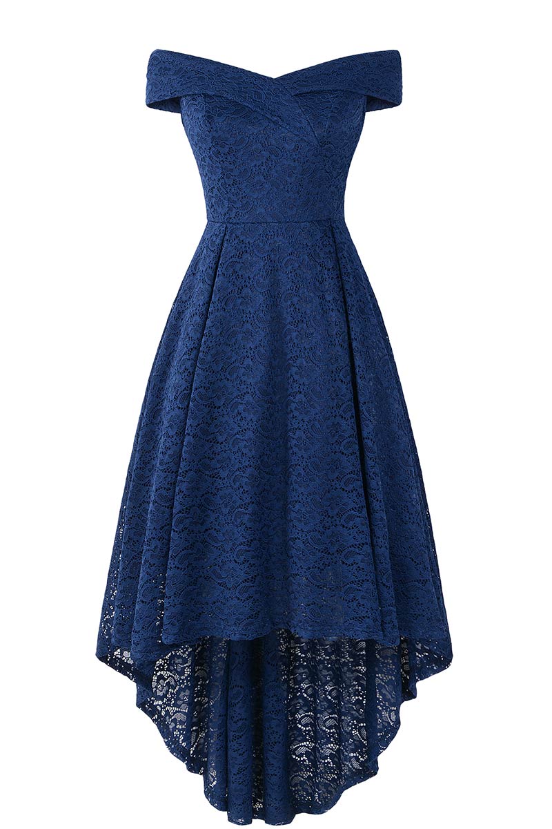 Off-the-shoulder V Neck High Low Lace Prom Dress - Fashionpara