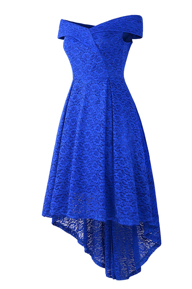 Off-the-shoulder V Neck High Low Lace Prom Dress - Fashionpara