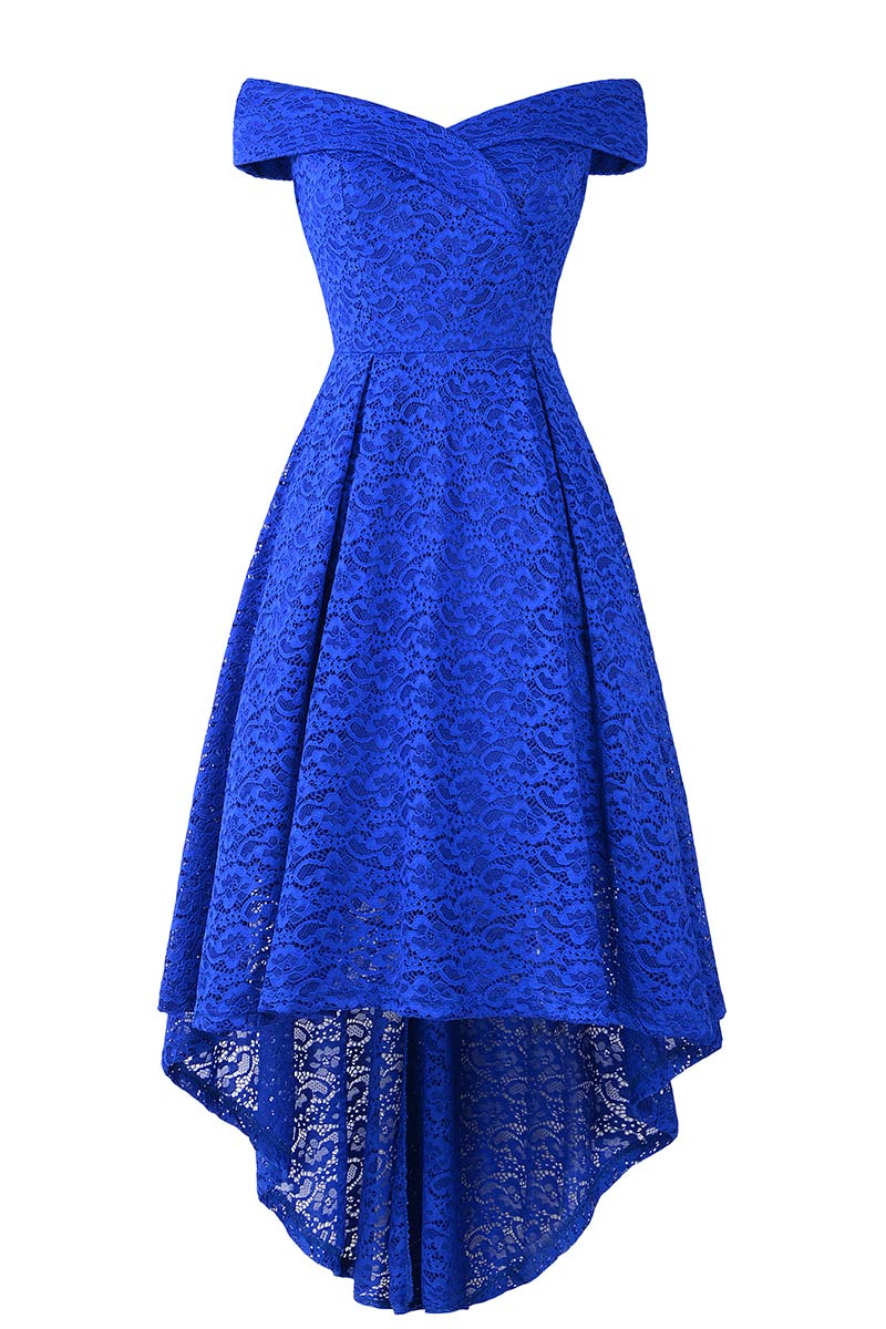 Off-the-shoulder V Neck High Low Lace Prom Dress - Fashionpara