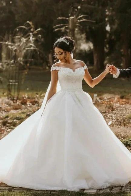 Off the shoulder White Garden Ball Gown Wedding Dress (ZD15700)