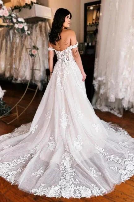 Off the shoulder high split A-line Lace Wedding Dress (ZD15696)