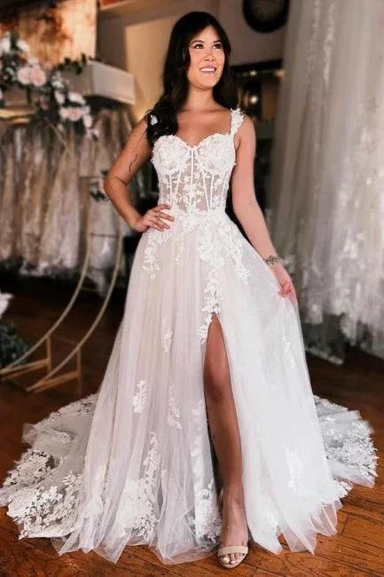 Off the shoulder high split A-line Lace Wedding Dress (ZD15696)
