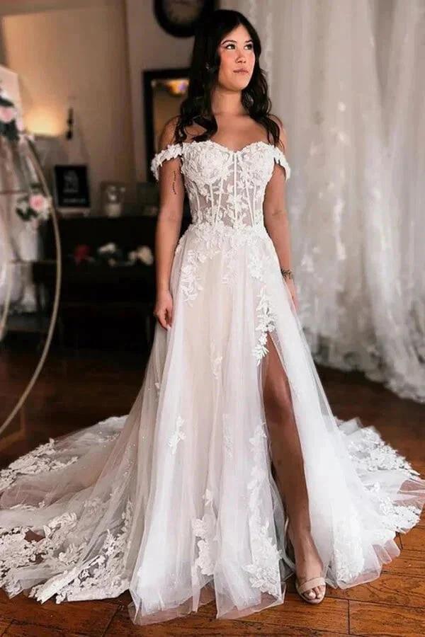 Off Shoulder Elegant Wedding Dress Boho Wedding Dress With Slit (ZD16090)