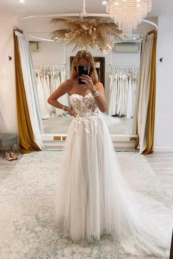 Off Shoulder Sweetheart Lace Appliques Modest Wedding Dress (ZD16156)