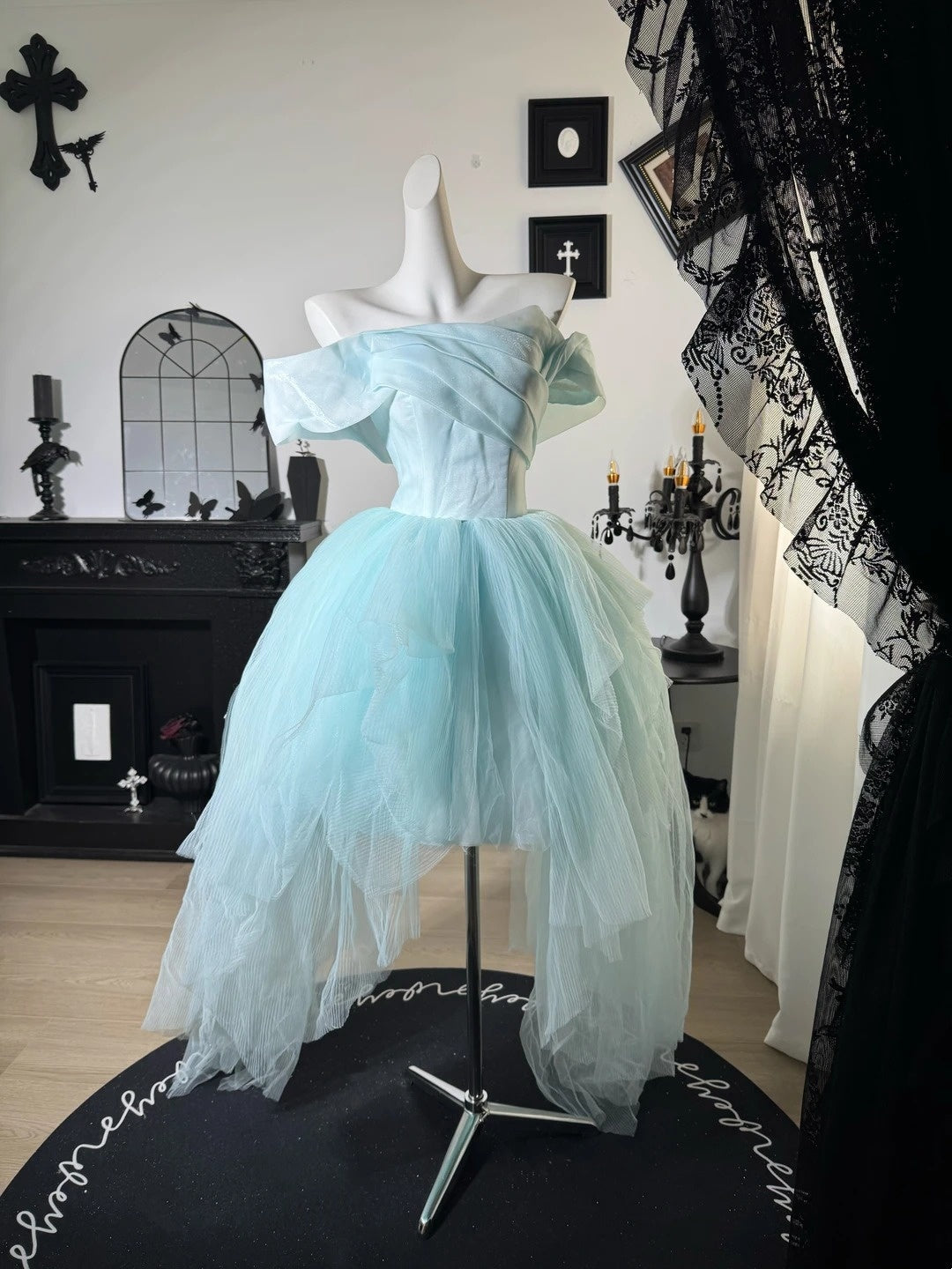 Off-the-Shoulder A-Line Prom Dress Blue Tulle Evening Dress