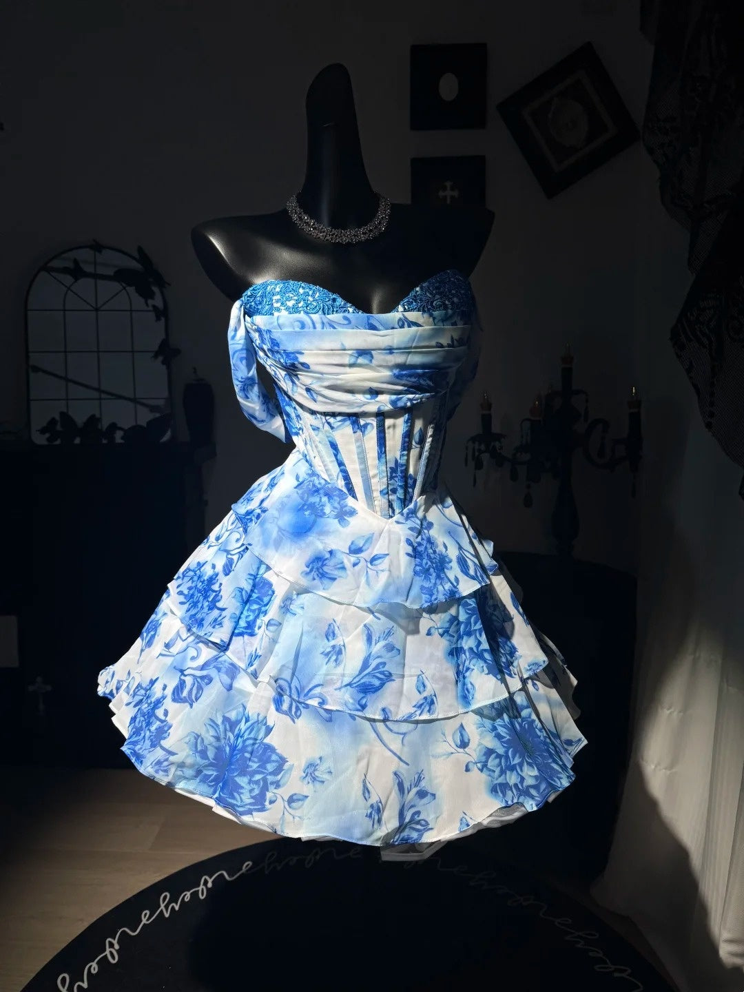 Off-the-Shoulder Blue Flora Homecoming Dress Layered Short Dress