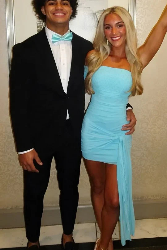 Off-the-Shoulder Blue Sheath Homecoming Dress