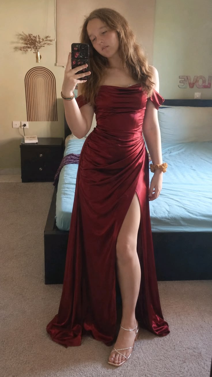 Off-the-Shoulder Burgundy Satin Formal Prom Dress Mermaid Evening Dress