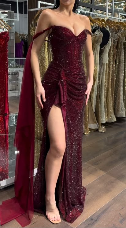 Off-the-Shoulder Burgundy Sparkle Prom Dress Sexy Evening Dress With Slit