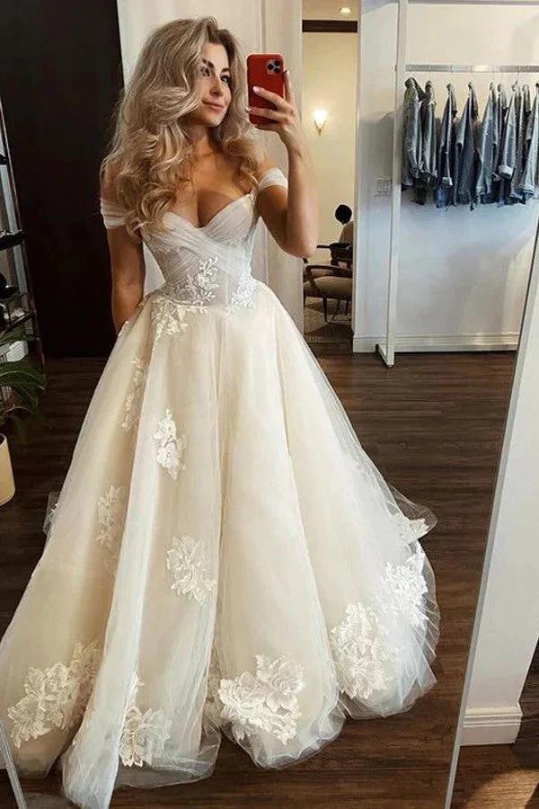 Off The Shoulder Light Champagne Wedding Gown Floral Wedding Dress (ZD16112)
