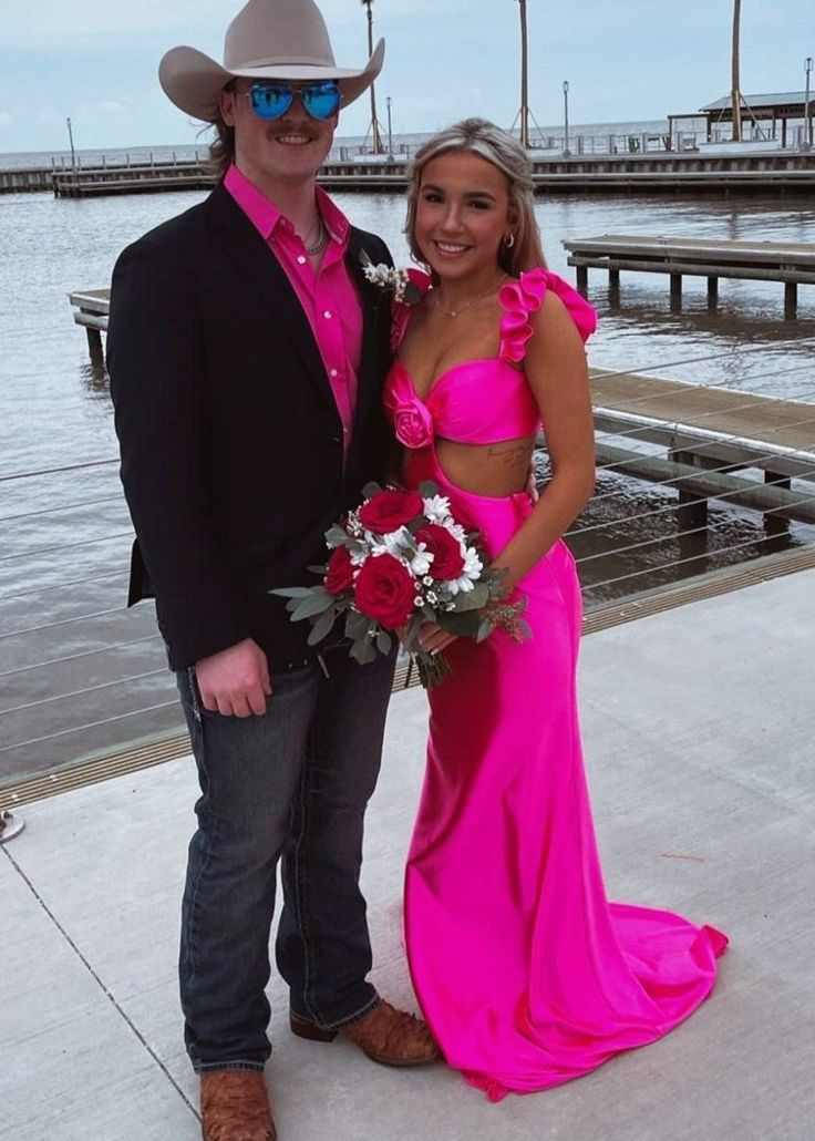 Off-the-Shoulder Hot Pink Satin Mermaid Prom Dress Backless Evening Dress