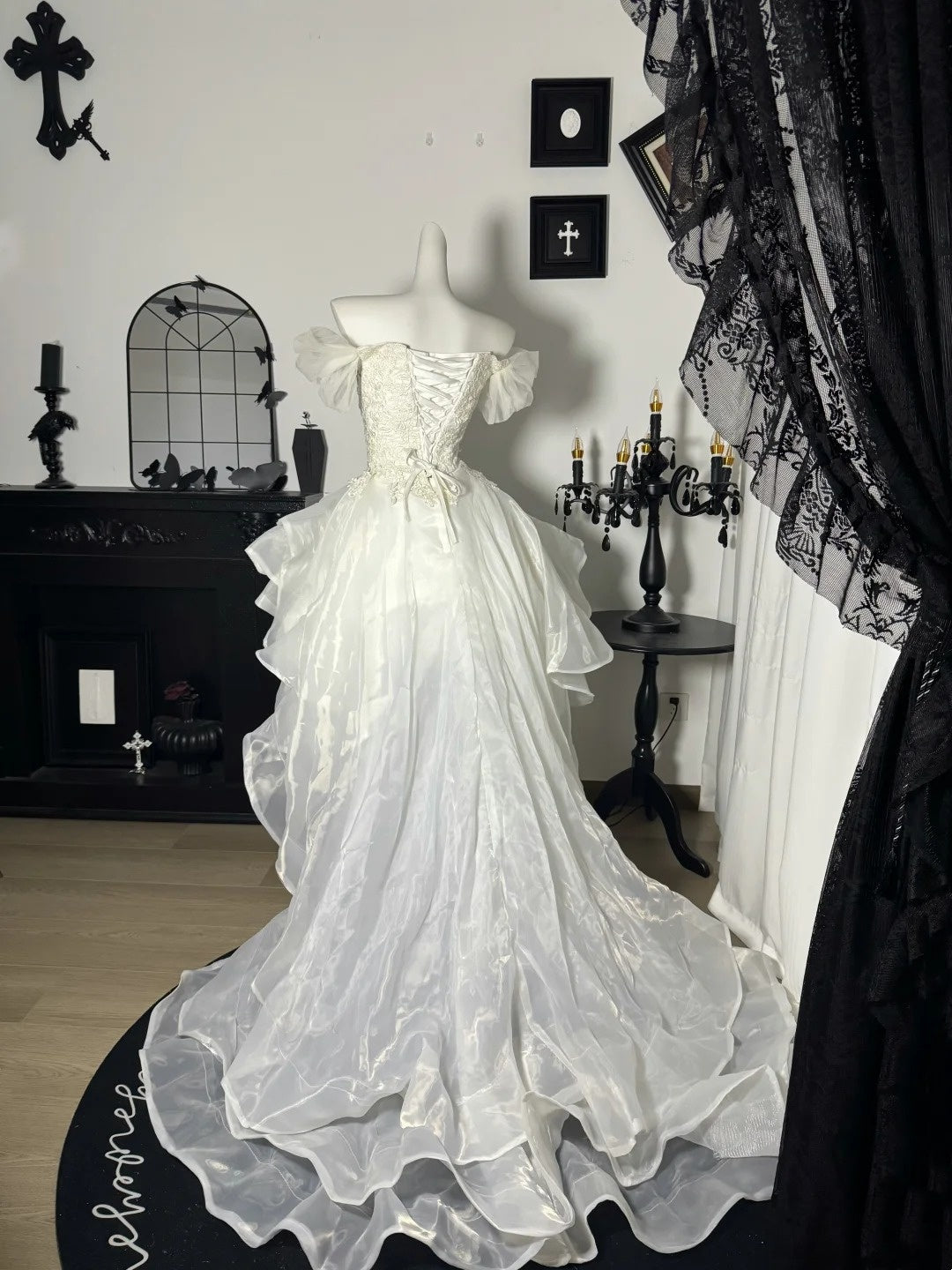 Off-the-Shoulder Ivory Birthday Dress With Appliques A-Line Wedding Dress