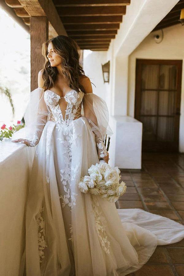 Off The Shoulder Long Sleeves Lace Appliques Bohemian Wedding Dress (ZD16194)