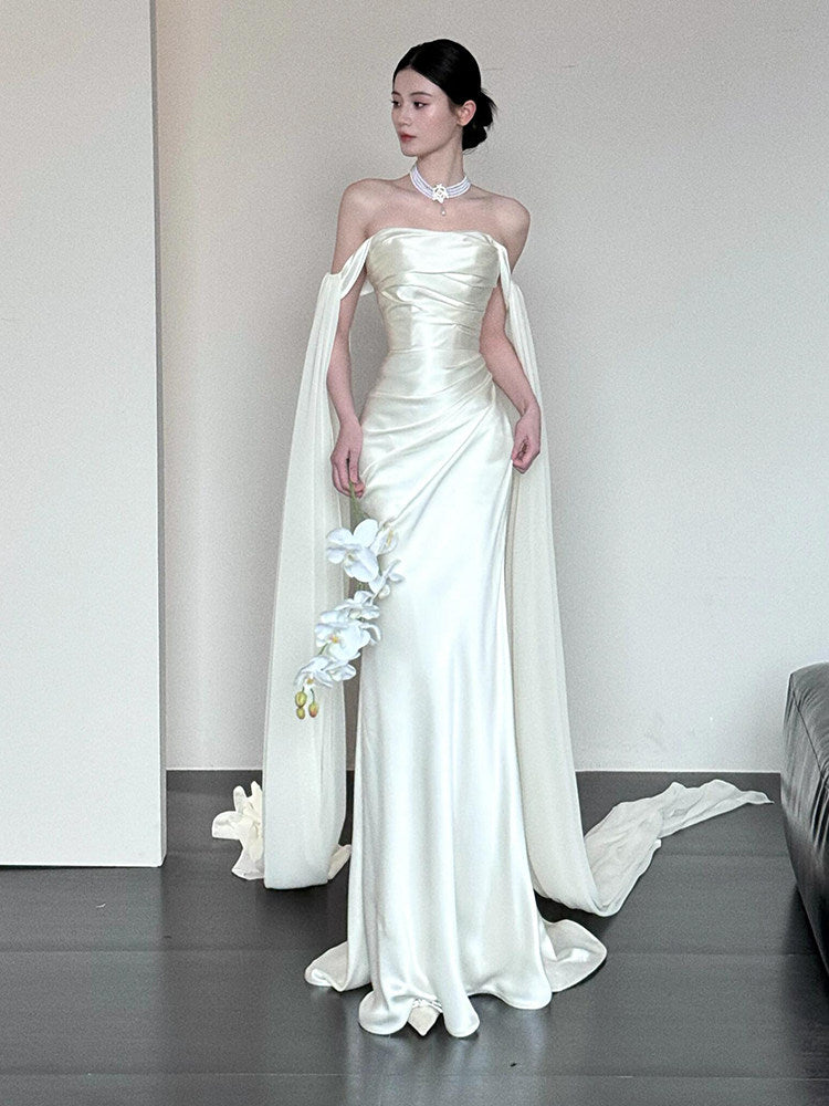 Off The Shoulder Mermaid Ivory Wedding Dress Satin Evening Dress J9846