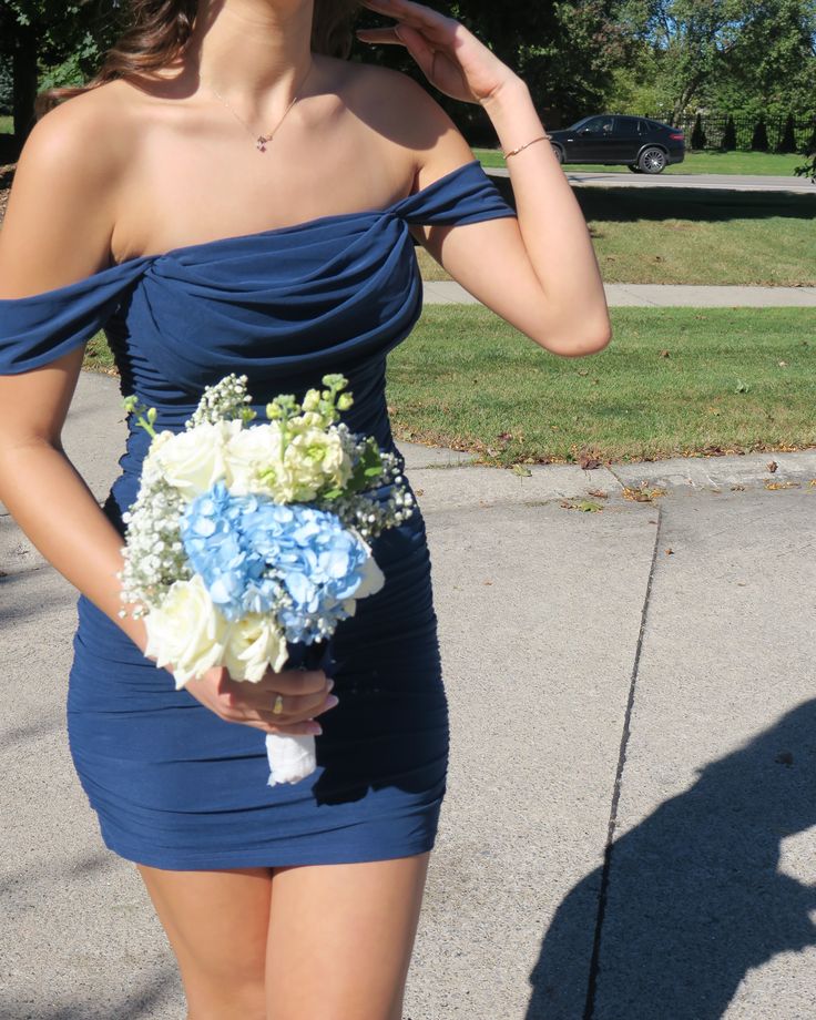 Off-the-Shoulder Navy Blue Chiffon Homecoming Dress