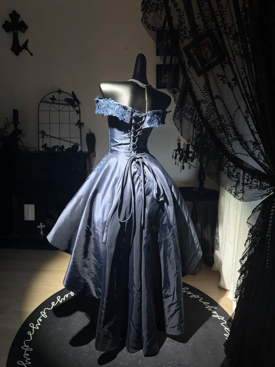 Off The Shoulder Navy Blue Satin Homecoming Dress With Appliques  J10835