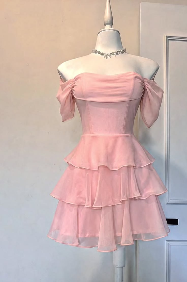 Off-the-Shoulder Pink Chiffon Layered Homecoming Dress