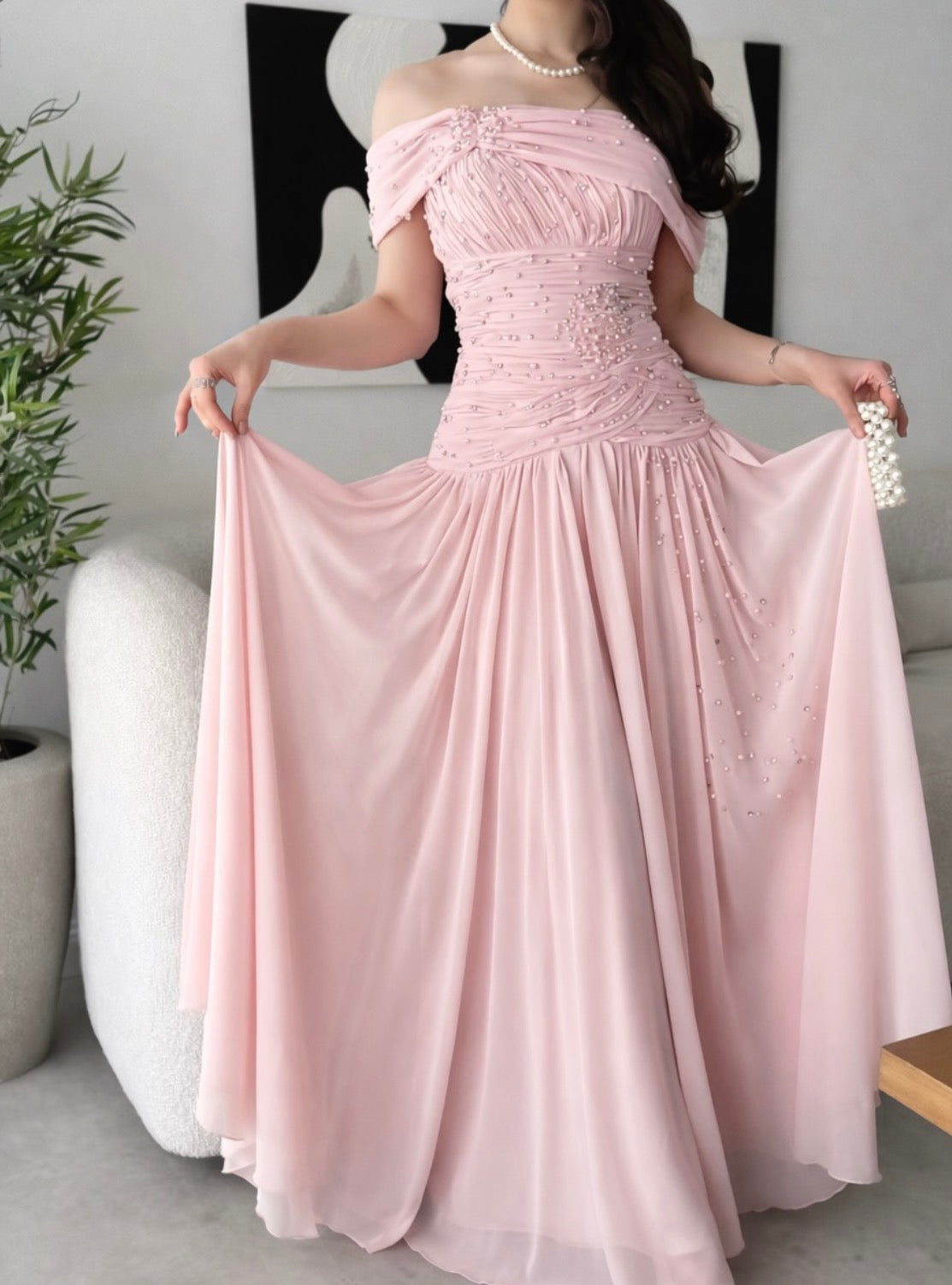 Off The Shoulder Pink Chiffon Prom Dress Beaded Formal Dress  J9924
