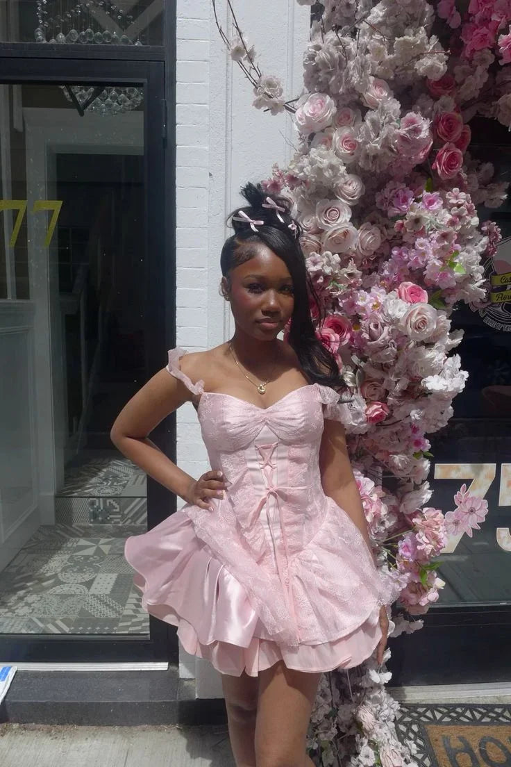 Off-the-Shoulder Pink Lace Homecoming Dress Short Birthday Dress