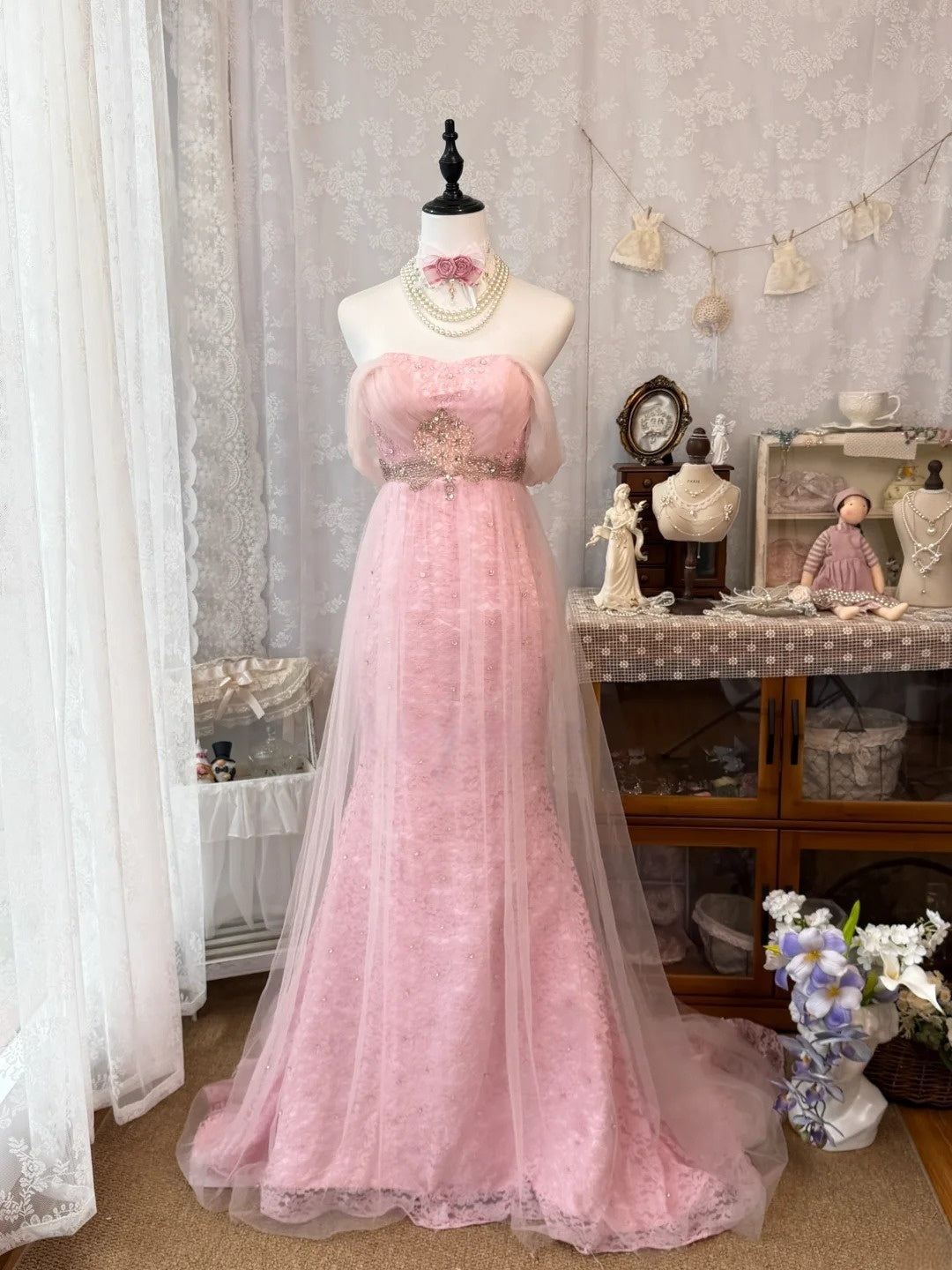Off-the-Shoulder Pink Lace Prom Dress Mermaid Birthday Dress