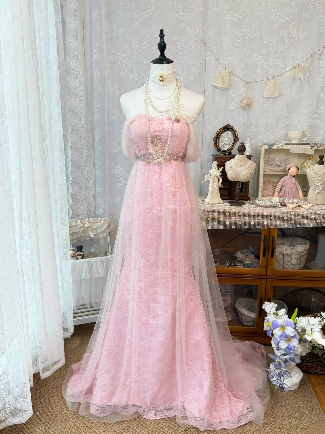 Off-the-Shoulder Pink Lace Prom Dress Mermaid Birthday Dress
