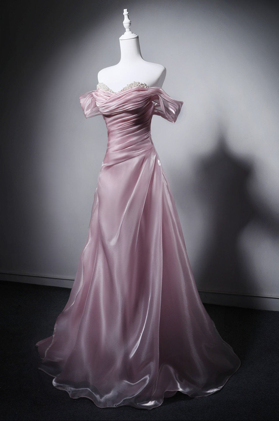 Off-the-Shoulder Pink Prom Dress A-Line Organza Formal Dress with Pearls