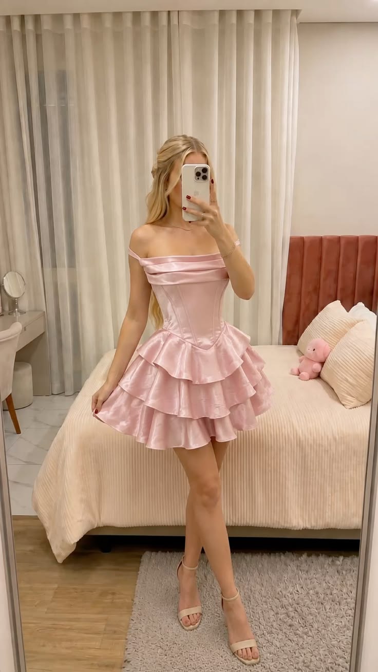 Off-the-Shoulder Pink Satin Homecoming Dress Layered Birthday Dress