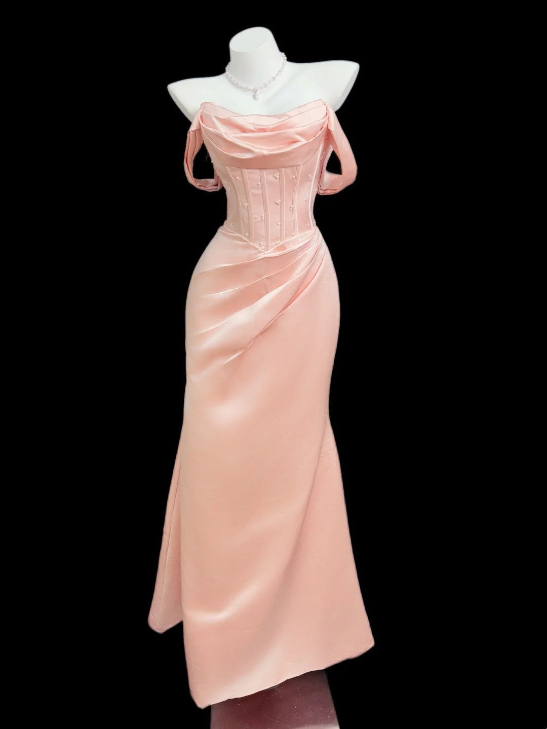 Off-the-Shoulder Pink Satin Prom Dress Mermaid Beaded Evening Dress