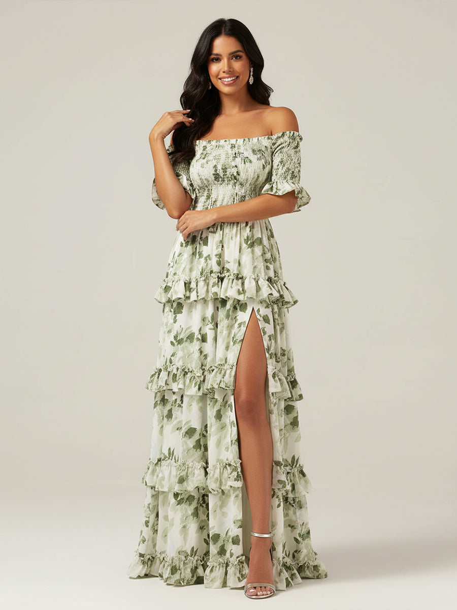 Off The Shoulder Printed Floral Maxi Dress With Slit