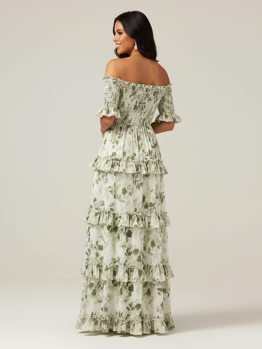 Off The Shoulder Printed Floral Maxi Dress With Slit
