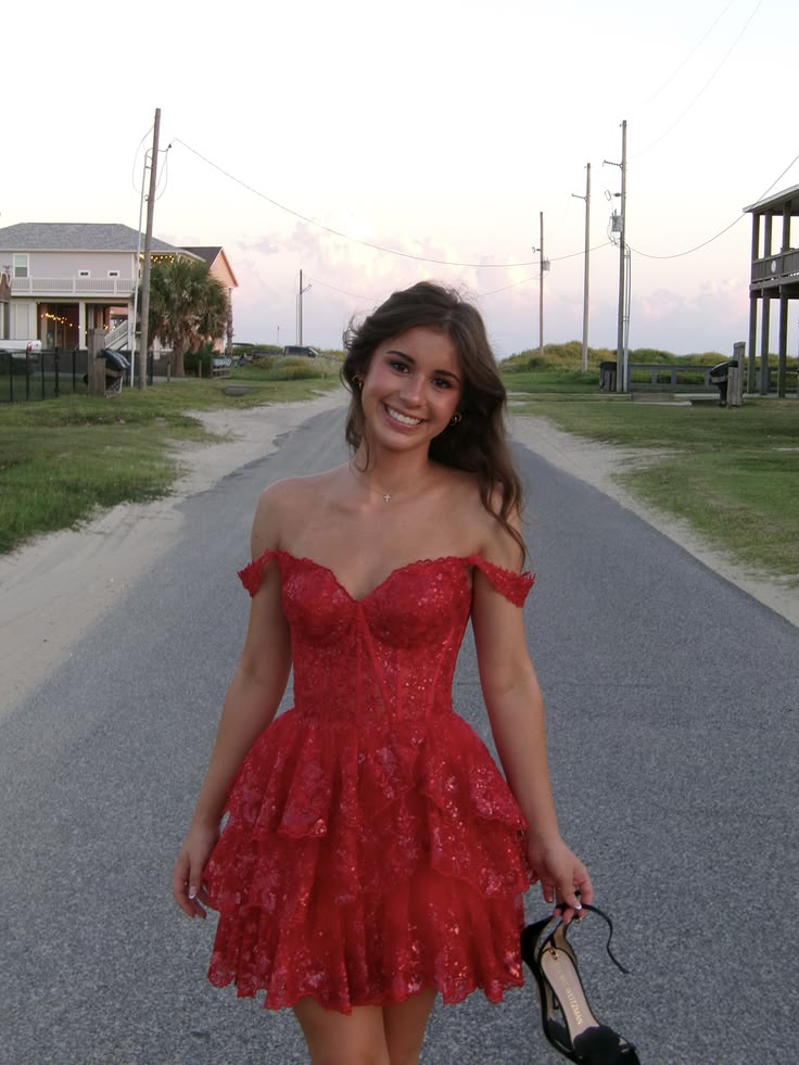 Off-the-Shoulder Red Lace Homecoming Dress Layered Cocktail Dress