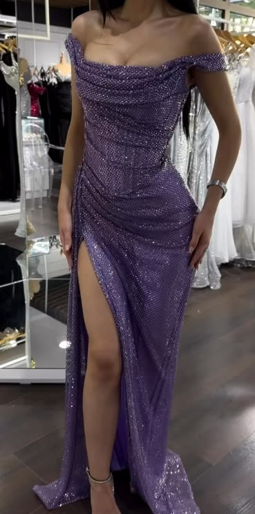 Off-the-Shoulder Sparkle Formal Prom Dress Sexy Evening Dress With Slit
