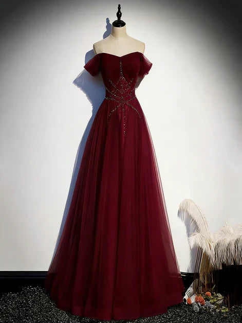 Off-the-Shoulder Tulle A-Line Prom Dress Beaded Party Dress Evening Dress