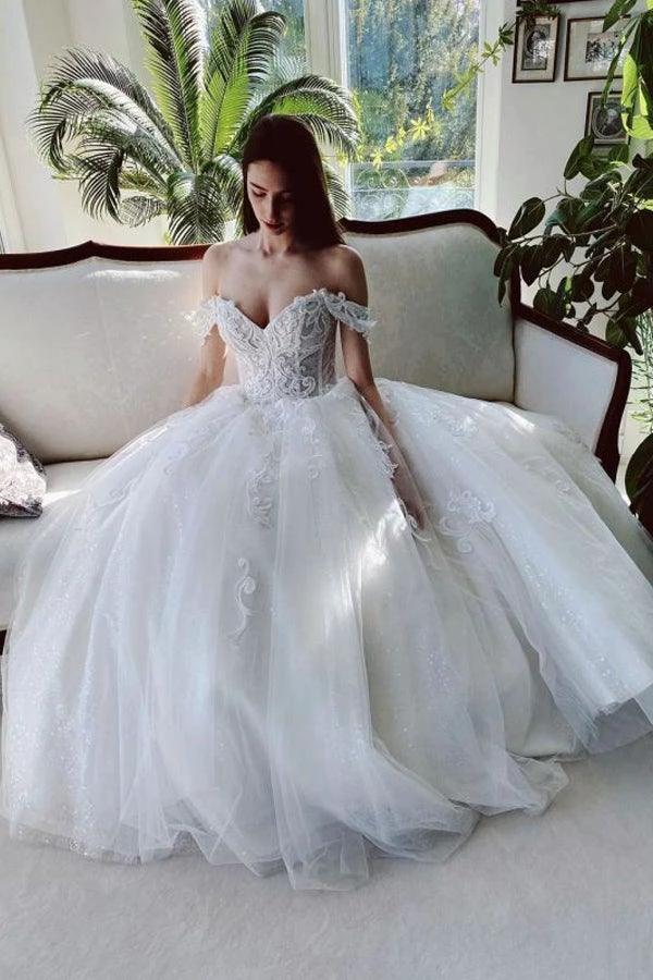 Off The Shoulder Tulle White Appliques Wedding Dresses With Beading (ZD16225)