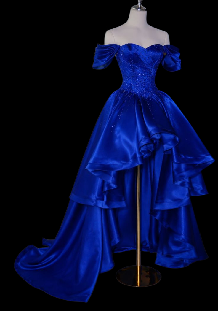 Off-the-Shoulder Royal Blue Satin Prom Dress A-Line Birthday Gown