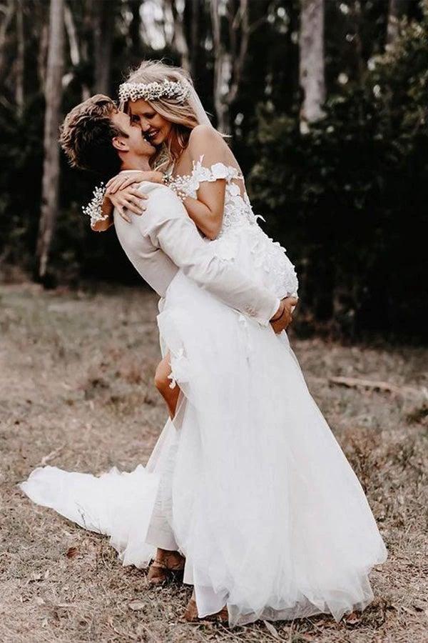 Off the Shoulder Ball Gown White Tulle Wedding Dresses with Applique (ZD16237)