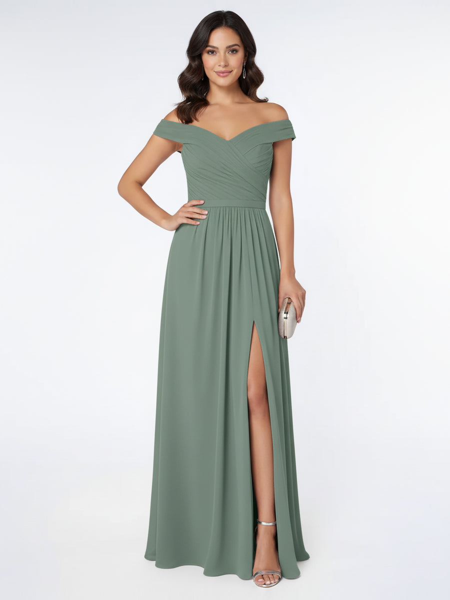 Off the Shoulder Empire Bridesmaid Dress with Slit