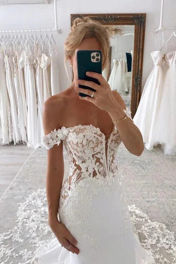 Off the Shoulder Mermaid Bridal Gown with Scalloped Lace Train Wedding Dress (ZD16178)