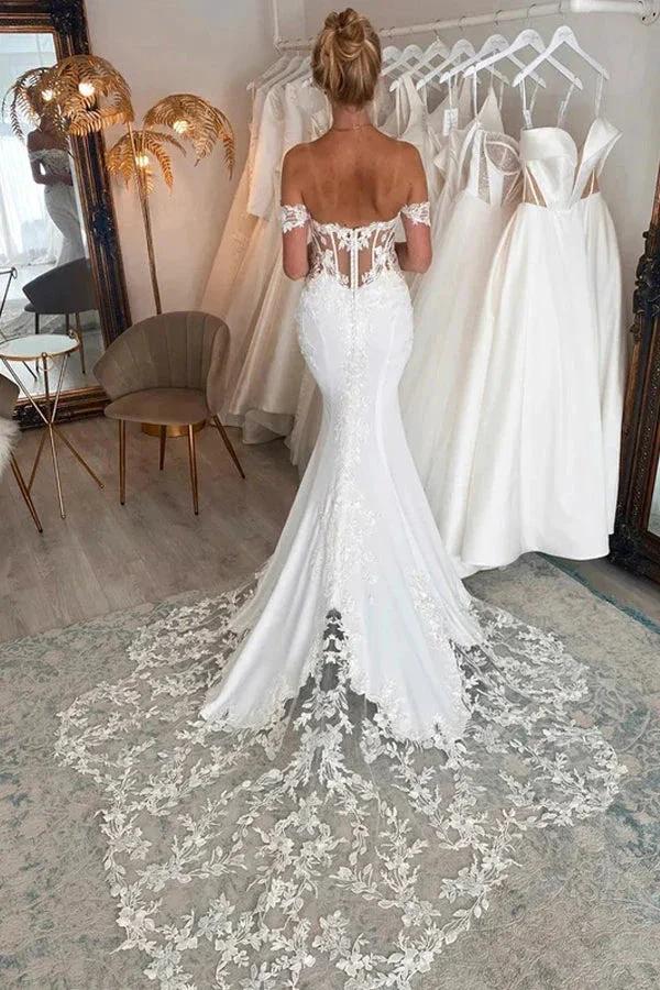 Off the Shoulder Mermaid Bridal Gown with Scalloped Lace Train Wedding Dress (ZD16178)