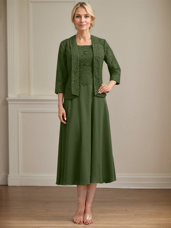 A-line Scoop Tea-Length Lace Chiffon Mother of the Bride Dress