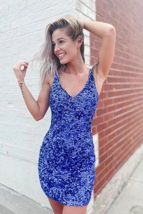Chic V Neck Open Back Sequins Short Homecoming Dresses by Ombreprom