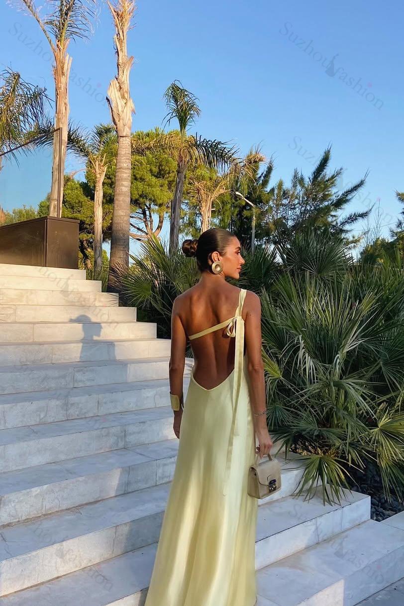 One Shoulder Backless Sleeveless Long Evening Formal Dress With Pleated