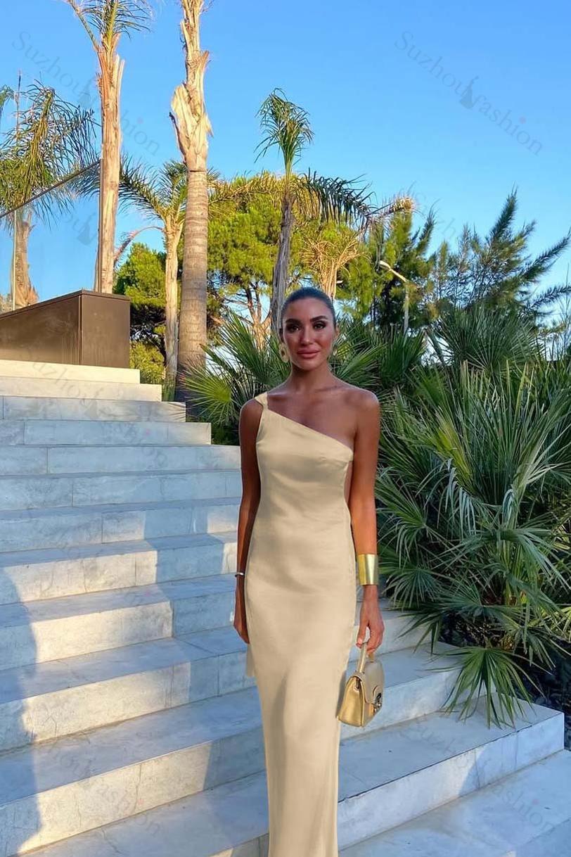 One Shoulder Backless Sleeveless Long Evening Formal Dress With Pleated
