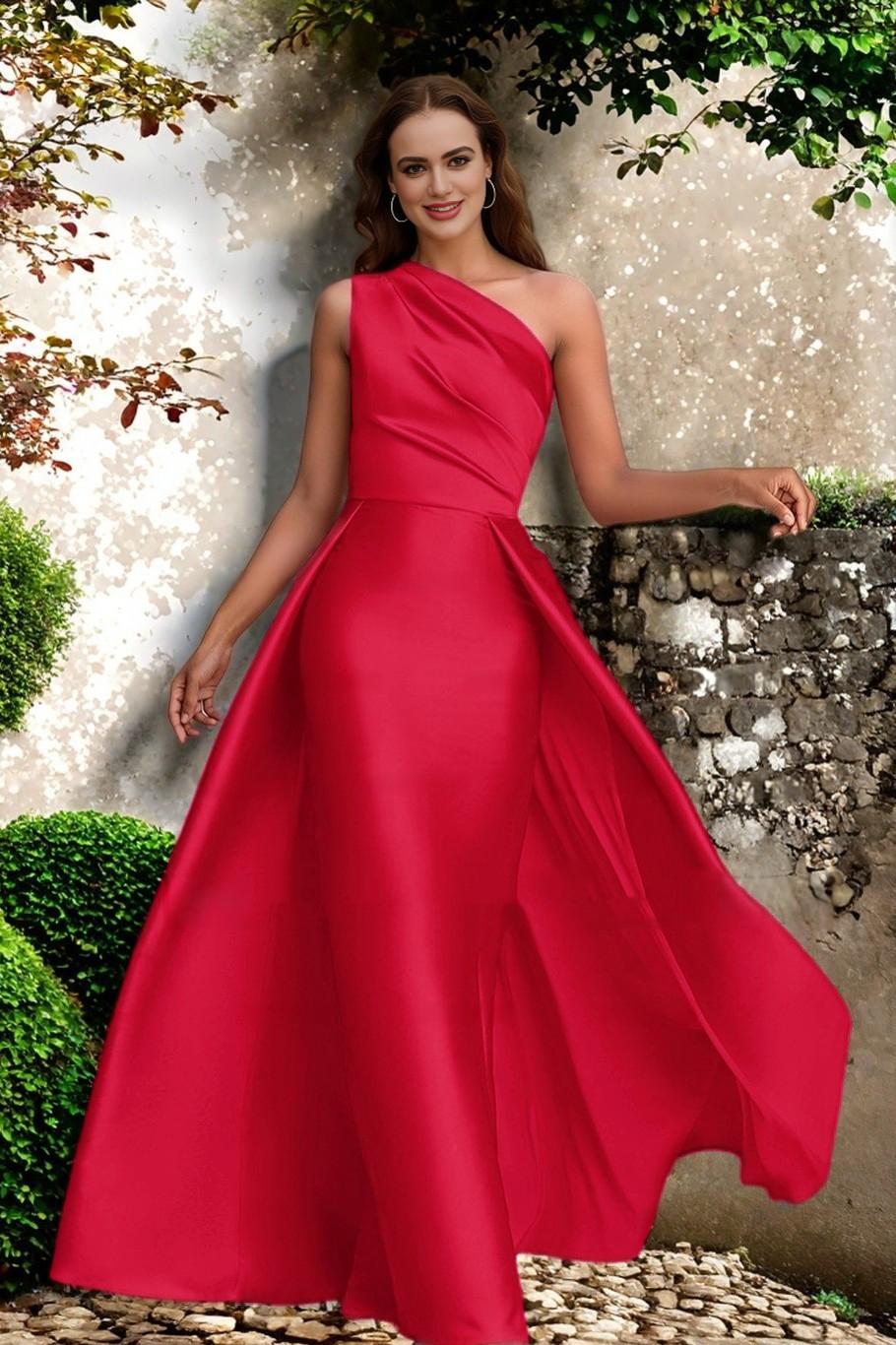 One Shoulder Bridesmaid Dress Fuchsia Wedding Guest Dress with Panel Train