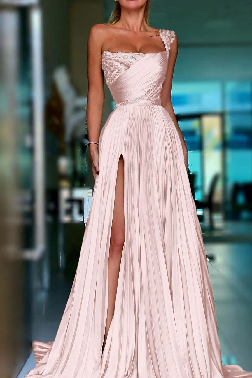 One Shoulder Prom Dress Gold Sequined Sleeveless Long Evening Formal Dress With High Split